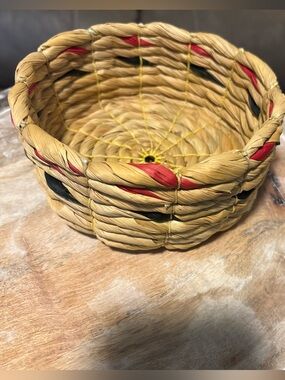 Rope  basket handmade coiled 6” black and red accents